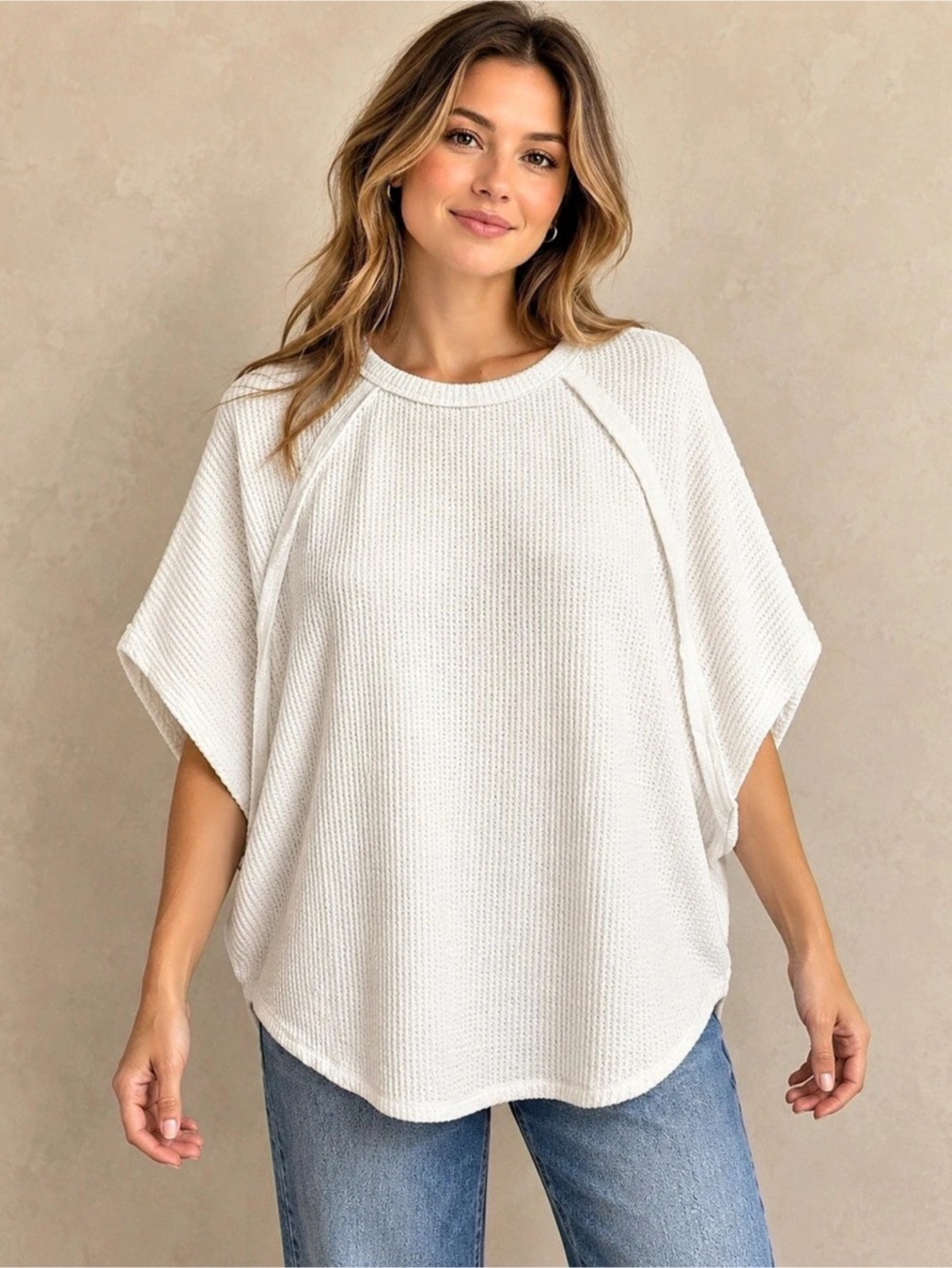 Andrée by Unit Off White Waffle Knit Dolman Top M Oversized Curved Hem